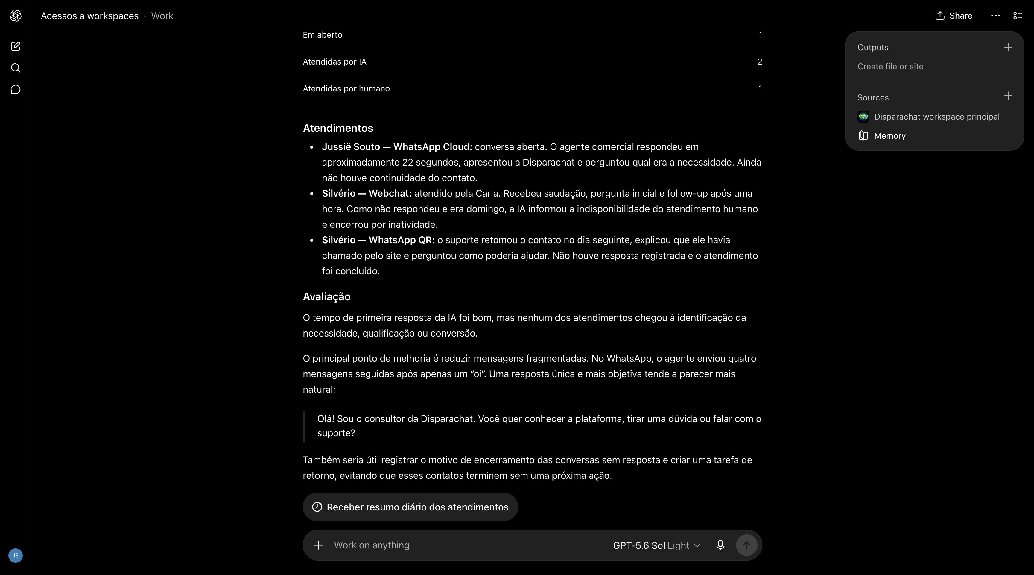 ChatGPT analisando atendimentos do workspace DisparaChat e sugerindo melhorias nas respostas