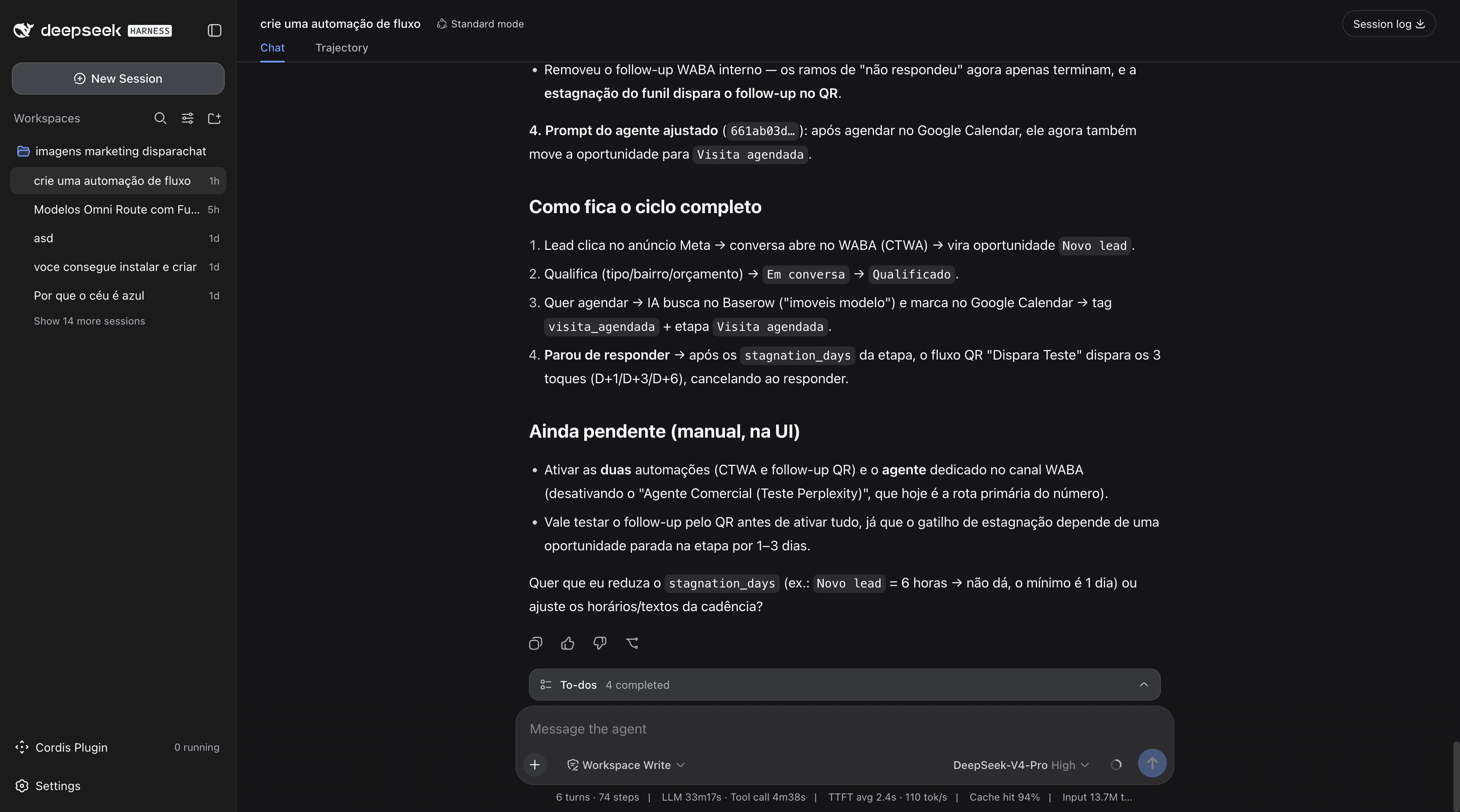 DeepSeek Harness descrevendo um fluxo de qualificação, agendamento e follow-up no DisparaChat