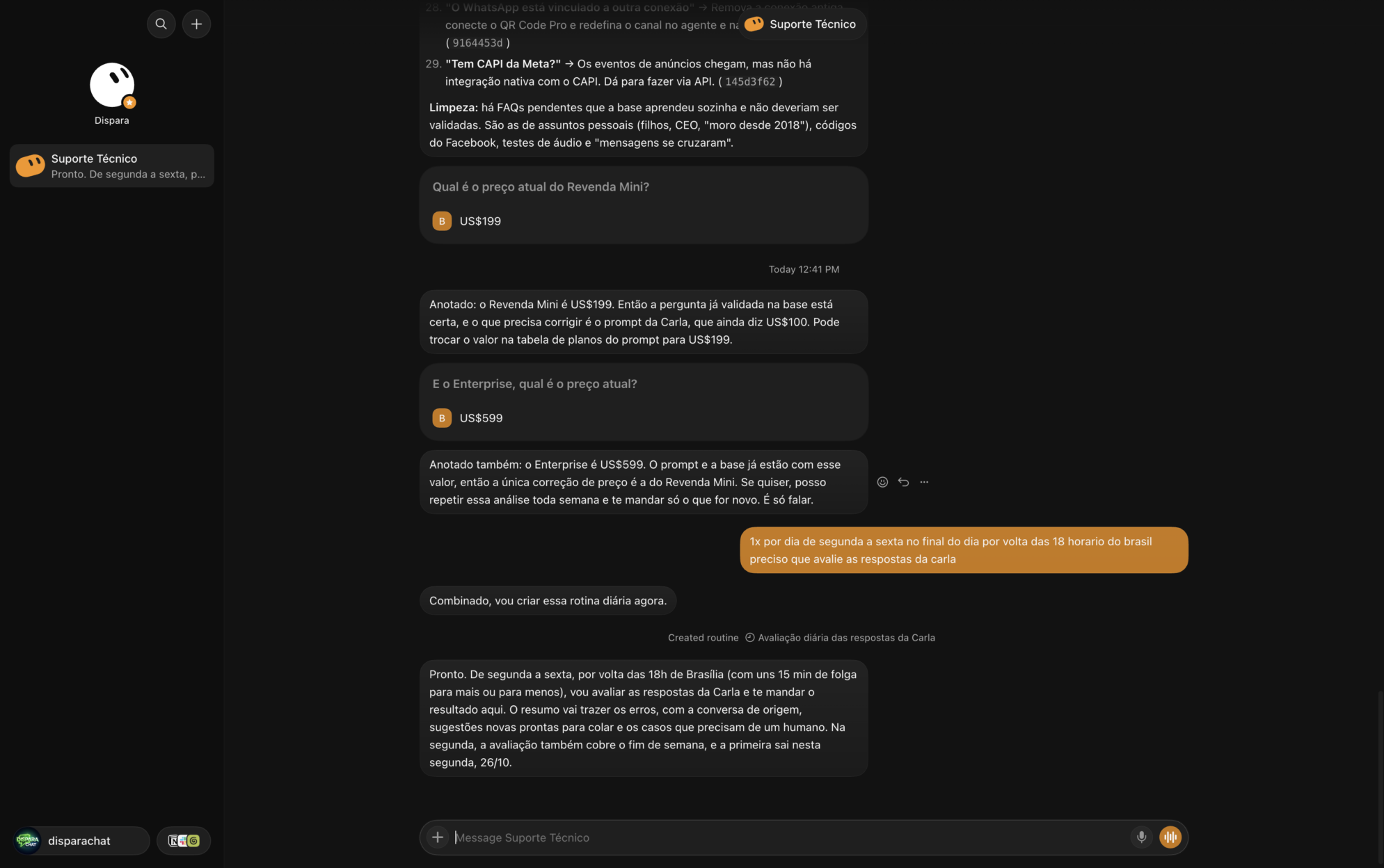 Grok Bot analisando respostas do suporte e configurando uma rotina diária para acompanhar o atendimento