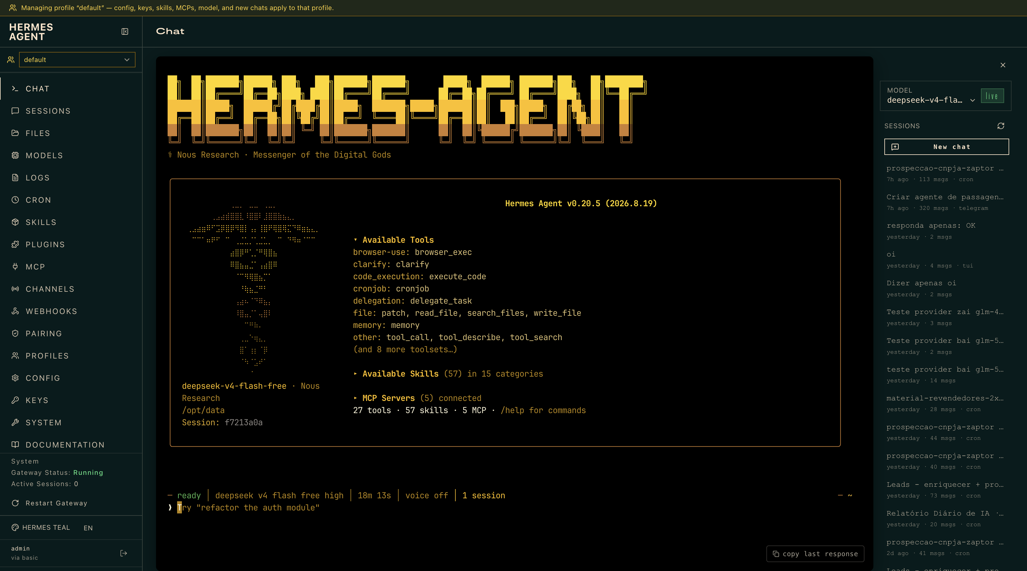 Interface do Hermes Agent com ferramentas, skills e servidores MCP disponíveis