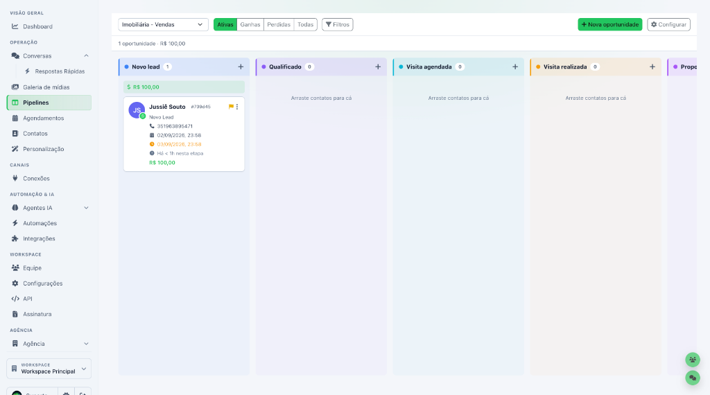 Pipelines CRM Kanban Real DisparaChat